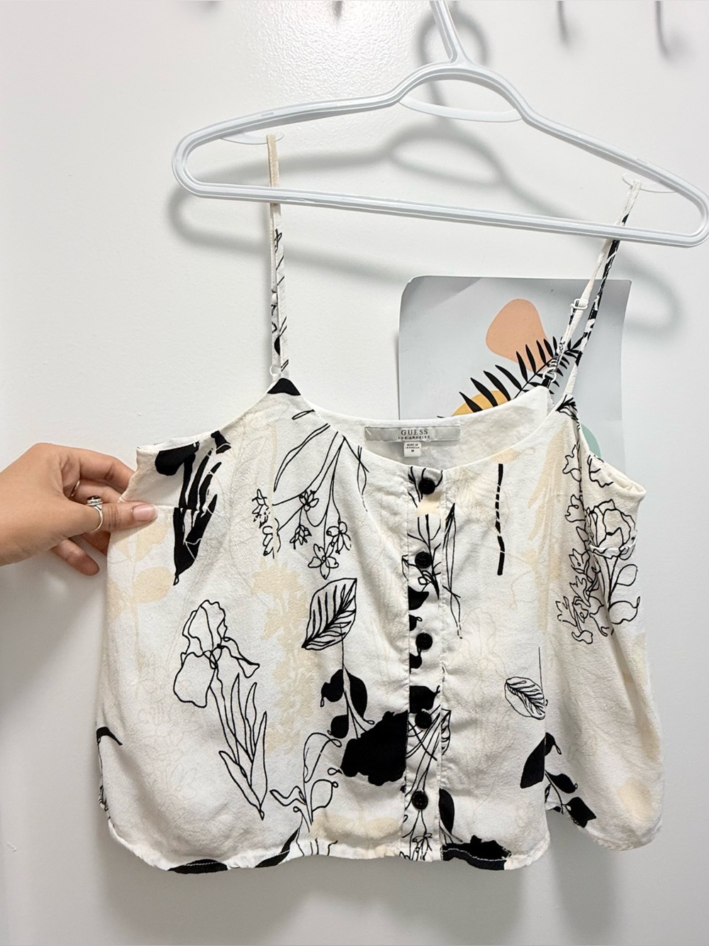 Guess Black and White Floral Spaghetti Strap Flowy Crop Top Size M